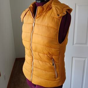 Ashley Mustard Yellow Quilted Puffer Vest Lg detachable hood soft faux fur lined
